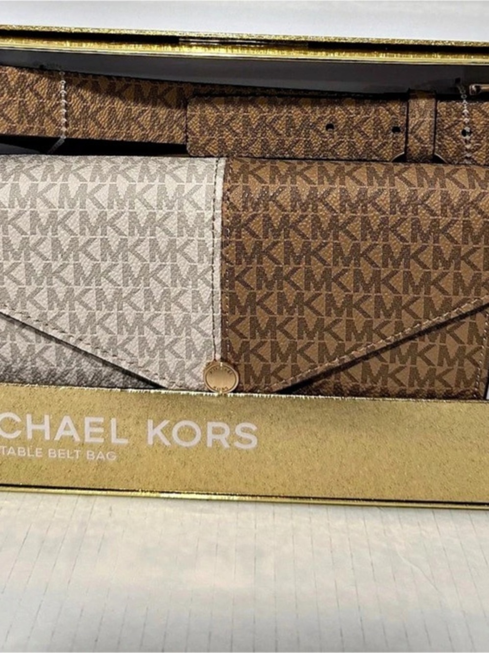 Michael Kors Adjustable Belt Bag Gift Set Brown & White